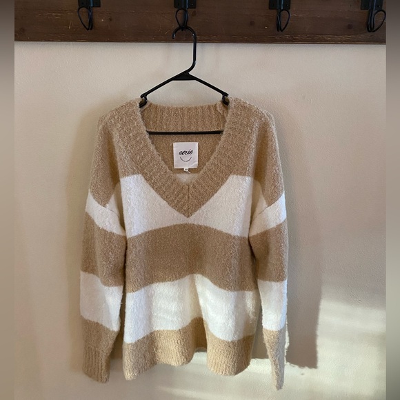 aerie Sweaters - Aerie V-Neck Sweater in Tan and Cream Stripes Size Medium